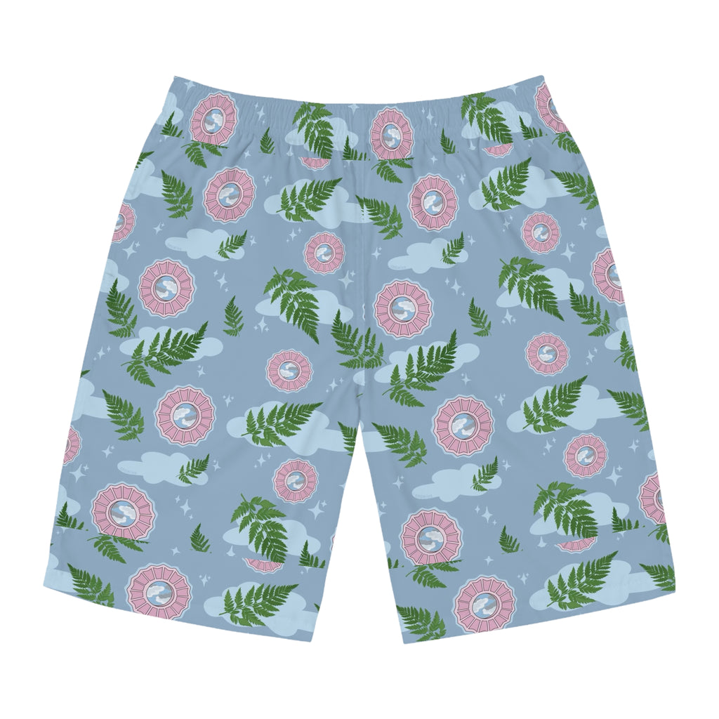 Men's Tropical Fern & Lifesaver Print Board Shorts — Blue Summer Swim Trunks