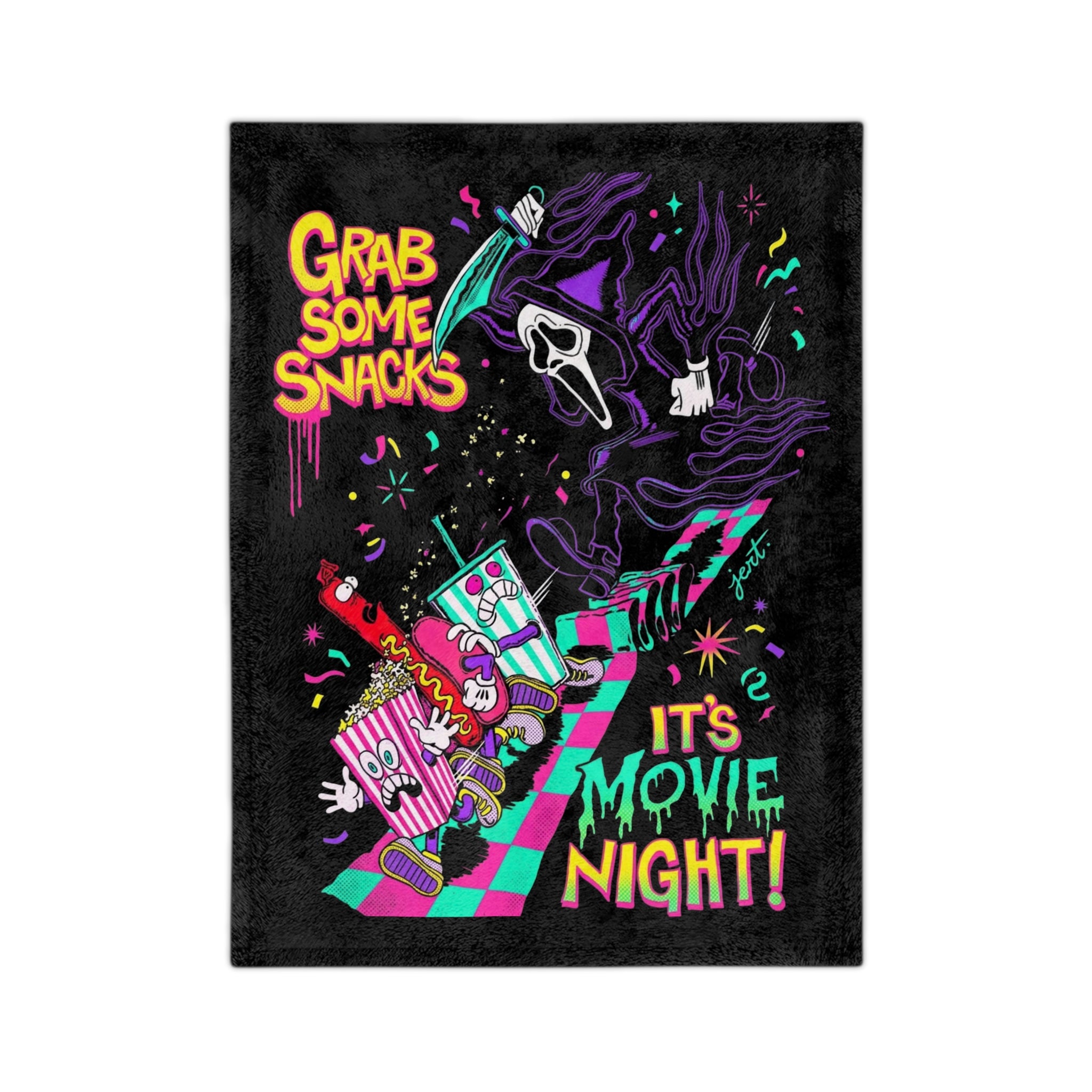 Movie Night Velveteen Blanket — "Grab Some Snacks" Neon Horror Pop Design