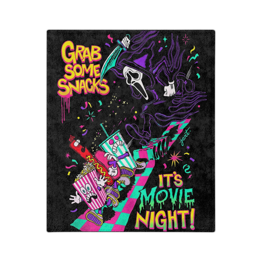 Movie Night Velveteen Blanket — "Grab Some Snacks" Neon Horror Pop Design