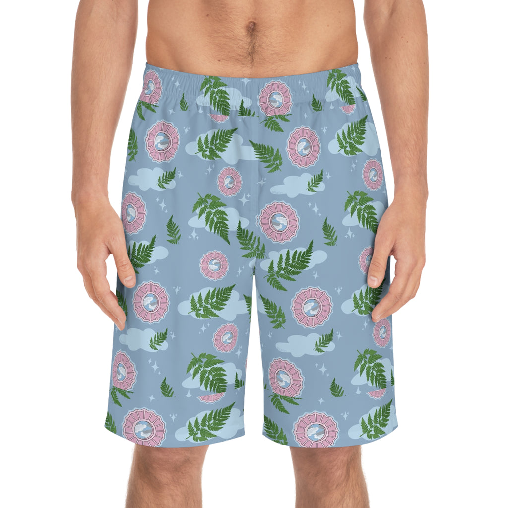 Men's Tropical Fern & Lifesaver Print Board Shorts — Blue Summer Swim Trunks