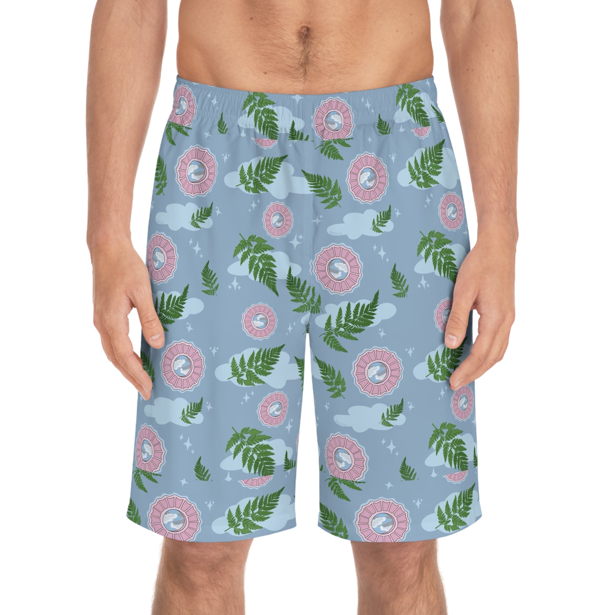 Men's Tropical Fern & Lifesaver Print Board Shorts — Blue Summer Swim Trunks