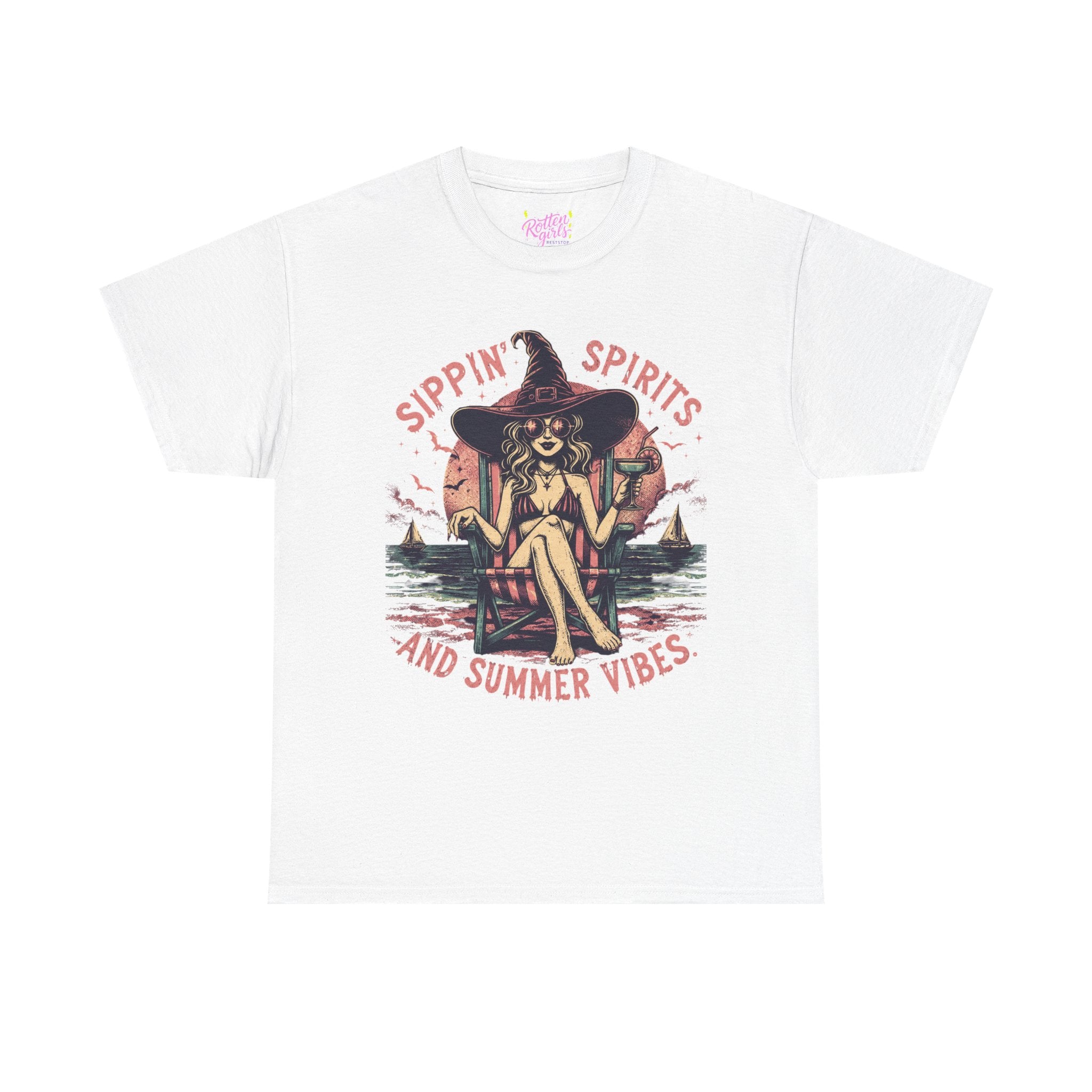 T-Shirt — "Sippin' Spirits and Summer Vibes" Witch Beach Graphic Tee