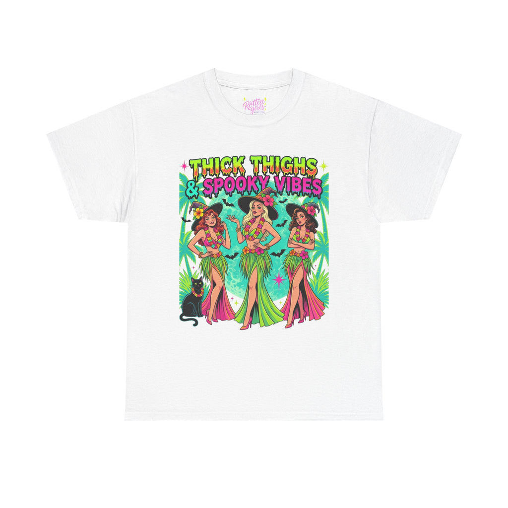 Thick Thighs & Spooky Vibes Tee – Halloween Pinup Witch Ladies Graphic T-Shirt