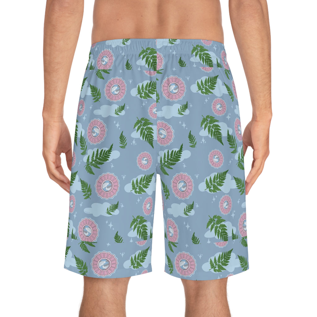 Men's Tropical Fern & Lifesaver Print Board Shorts — Blue Summer Swim Trunks