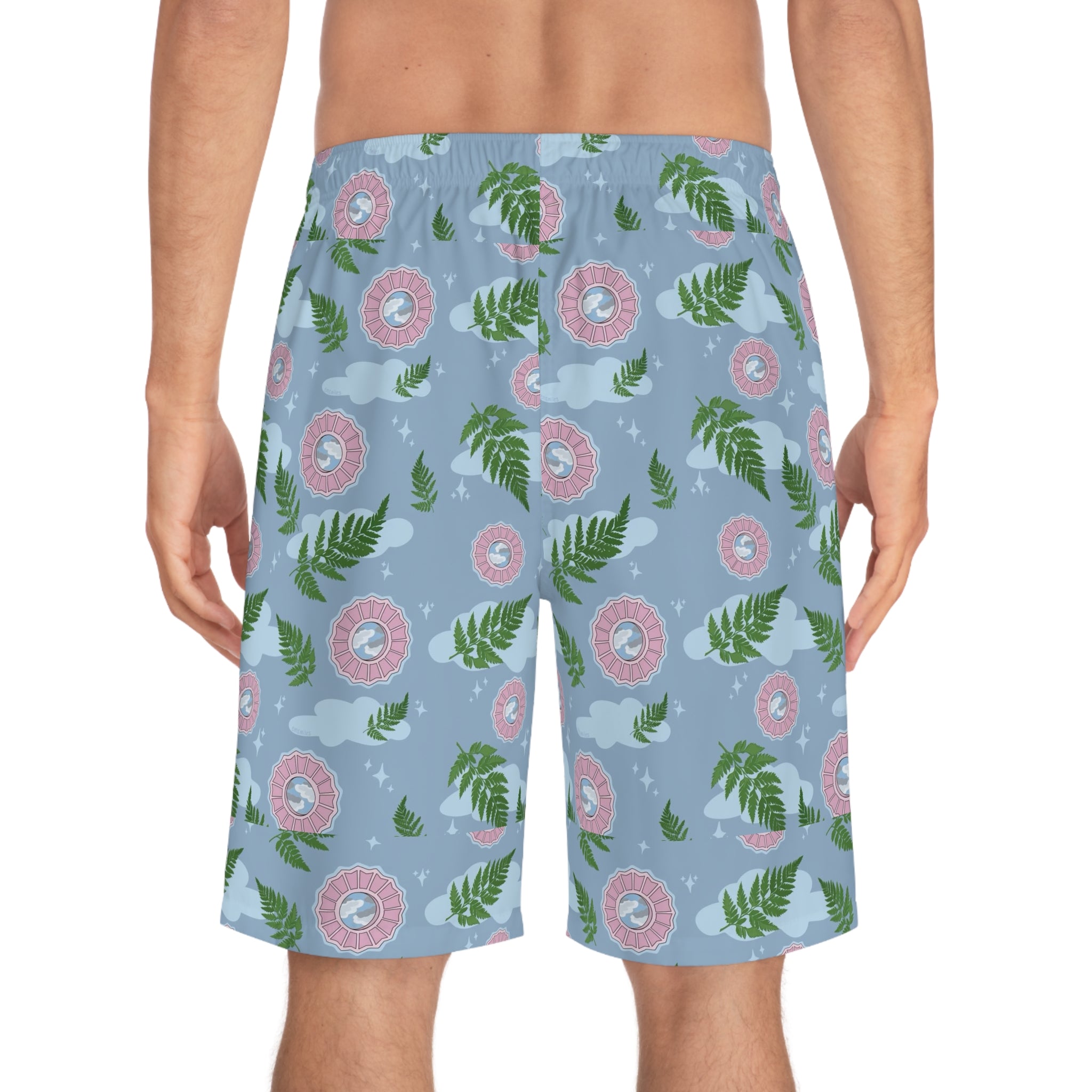 Men's Tropical Fern & Lifesaver Print Board Shorts — Blue Summer Swim Trunks