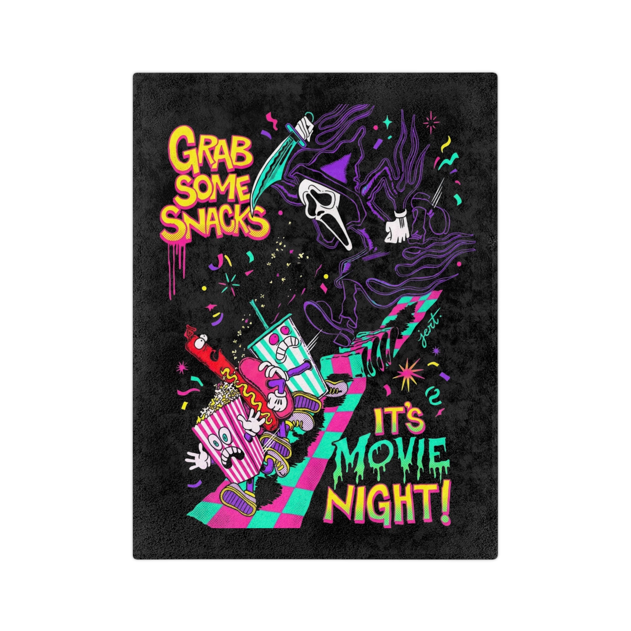 Movie Night Velveteen Blanket — "Grab Some Snacks" Neon Horror Pop Design