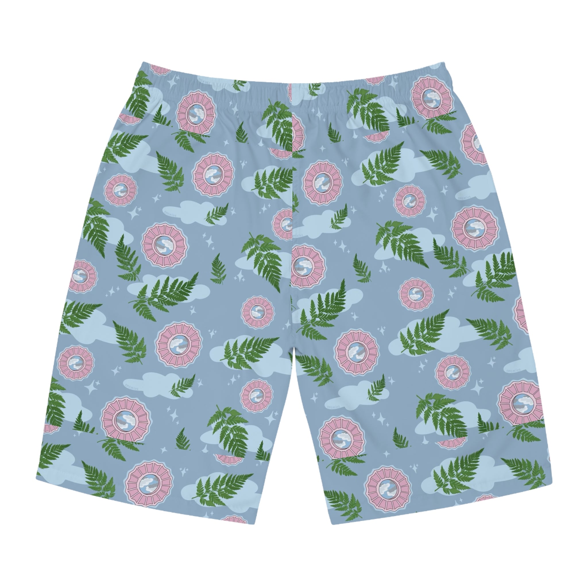 Men's Tropical Fern & Lifesaver Print Board Shorts — Blue Summer Swim Trunks